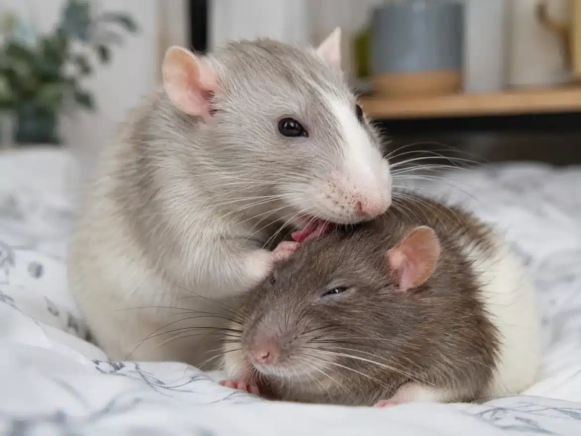 Two social pet rats spending time together