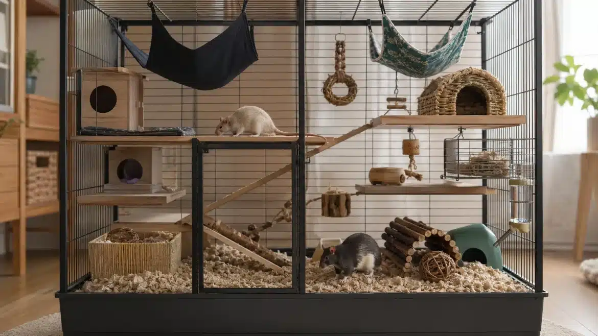 Multi-level pet rat habitat with ramps, hiding spaces and enrichment