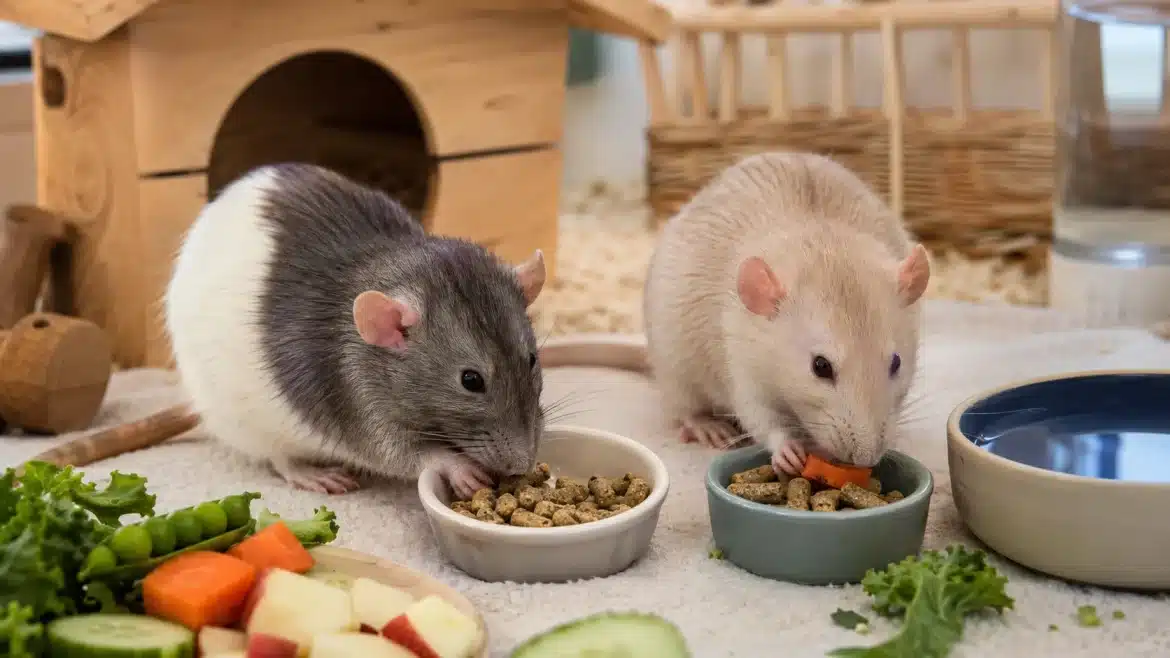 Pet rats eating food in a clean home habitat