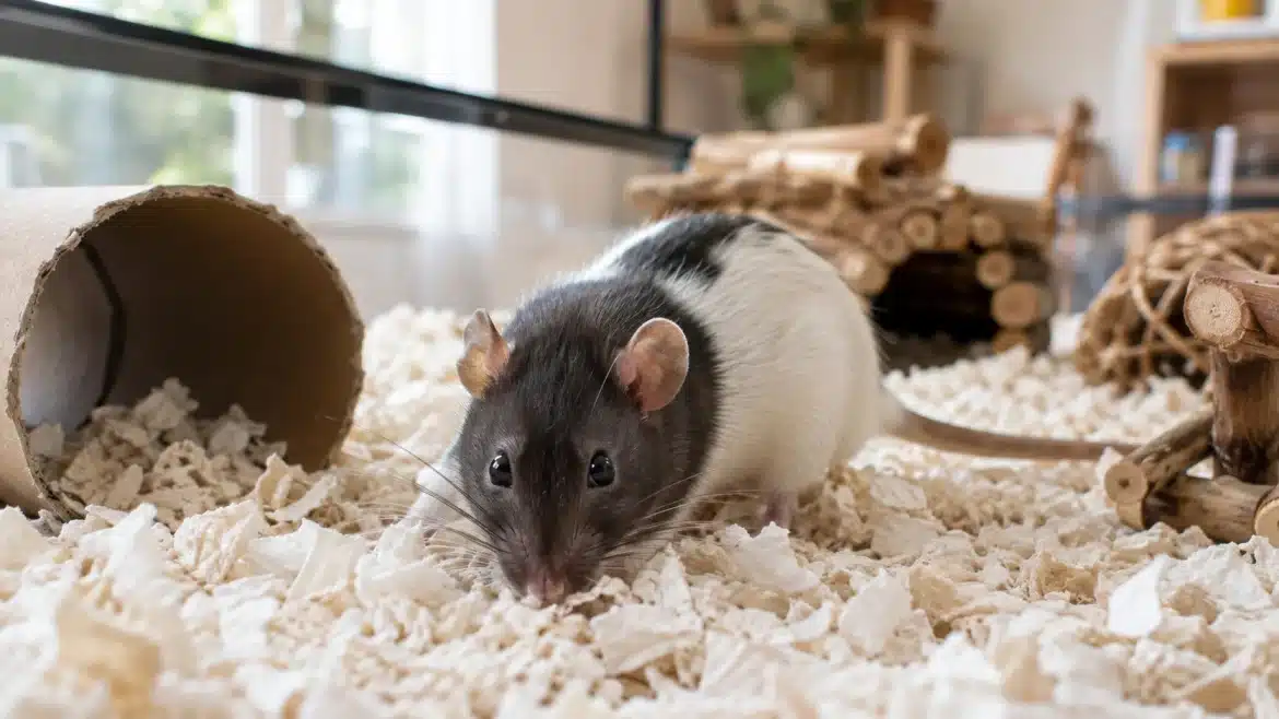 Pet rat exploring low-dust bedding with safe enrichment toys