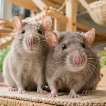 Two domestic pet rats together in a spacious enriched habitat