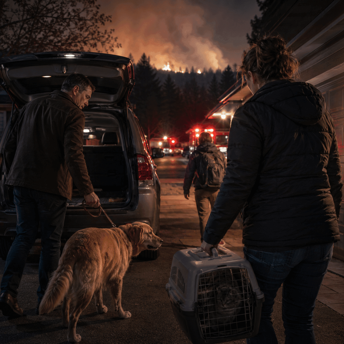 Family evacuating at night with a leashed dog and secured cat carrier