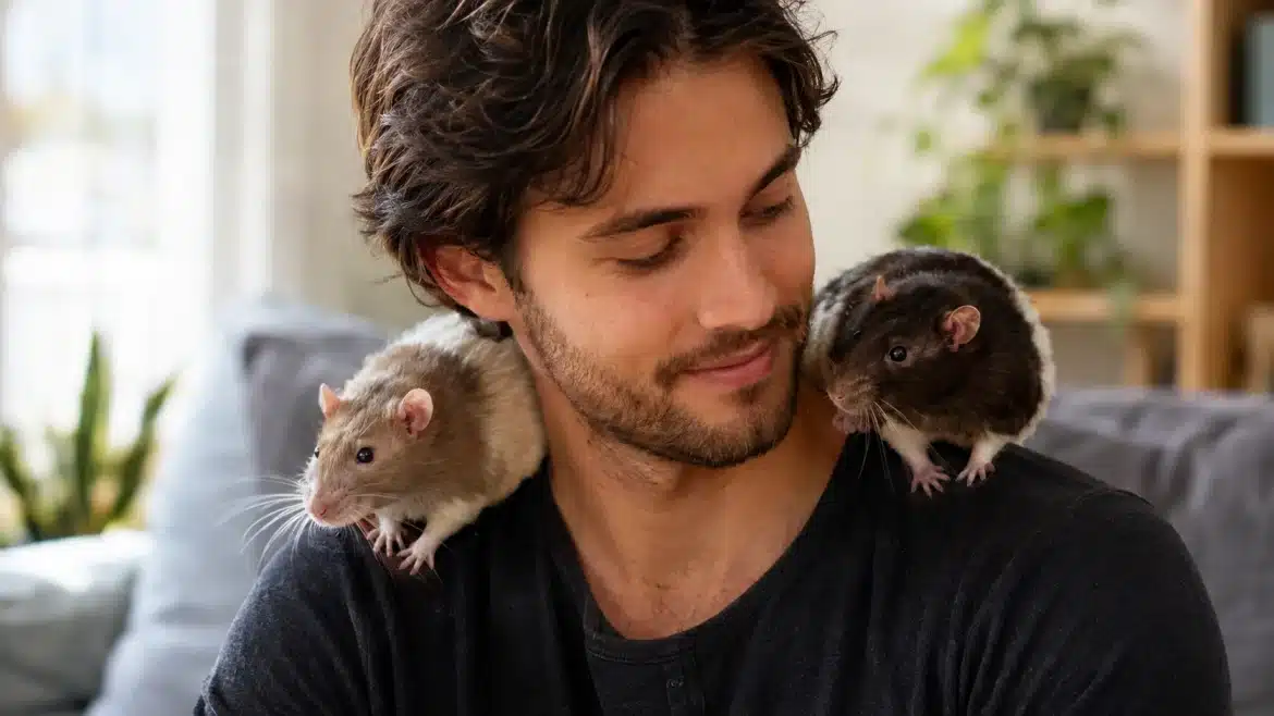 Two domestic pet rats sitting on the shoulders of their pet parent, a young man.