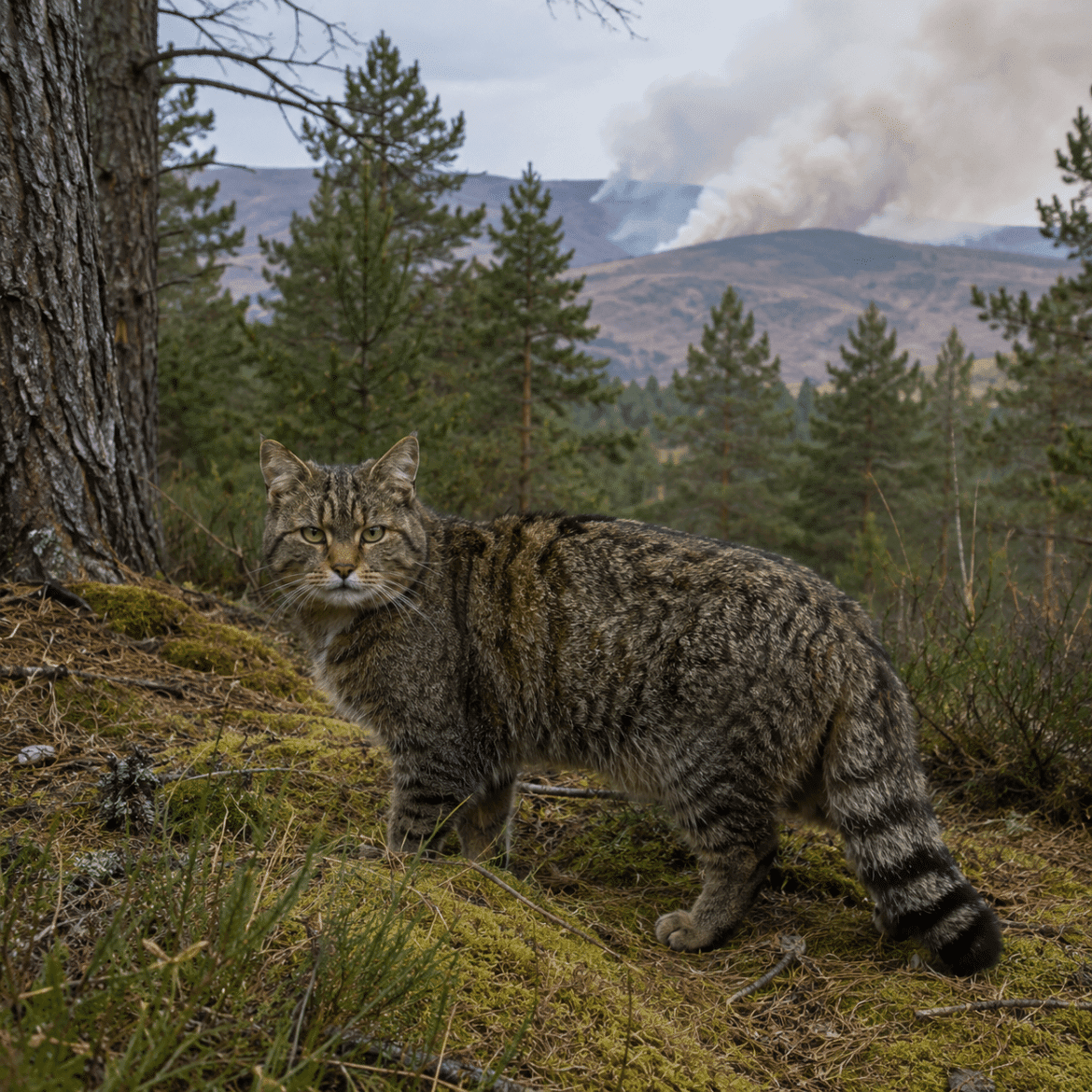 Scottish wildcat standing in Cairngorms woodland with distant wildfire haze