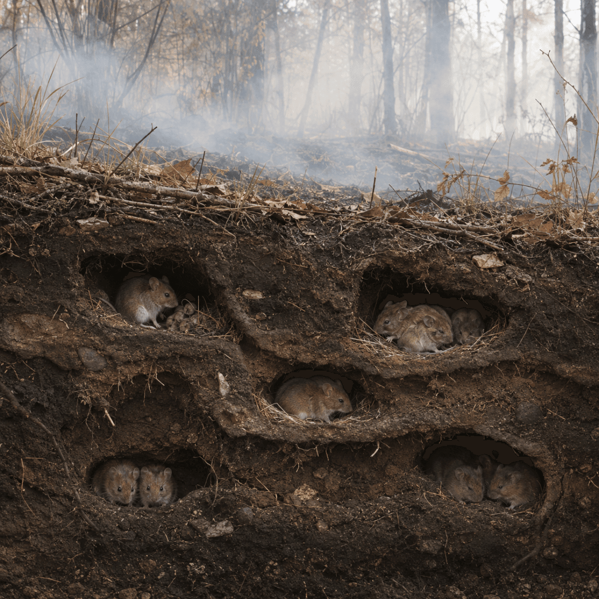 Small mammals sheltering inside underground burrows during a wildfire