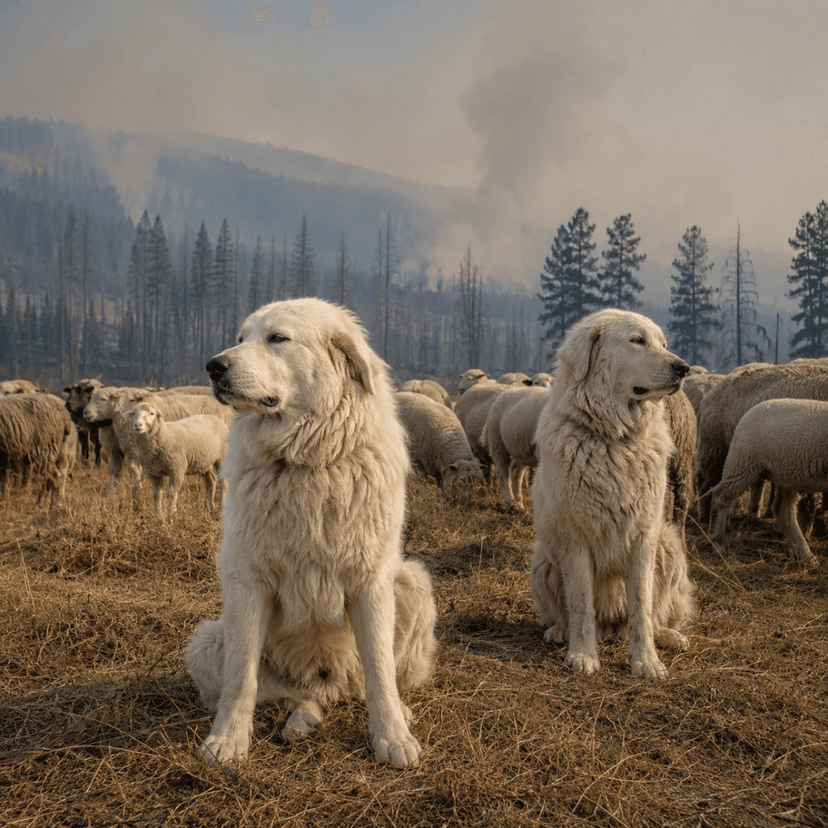 Two Maremma guardian dogs sitting with their sheep after a wildfire evacuation