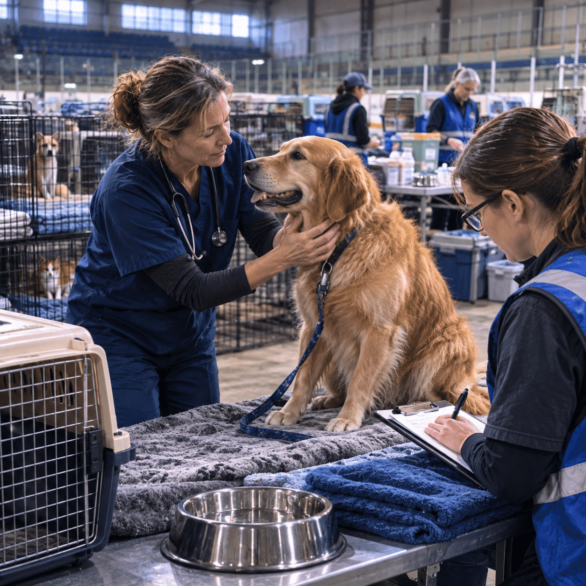 Veterinarian examining a displaced dog in a temporary arena clinic