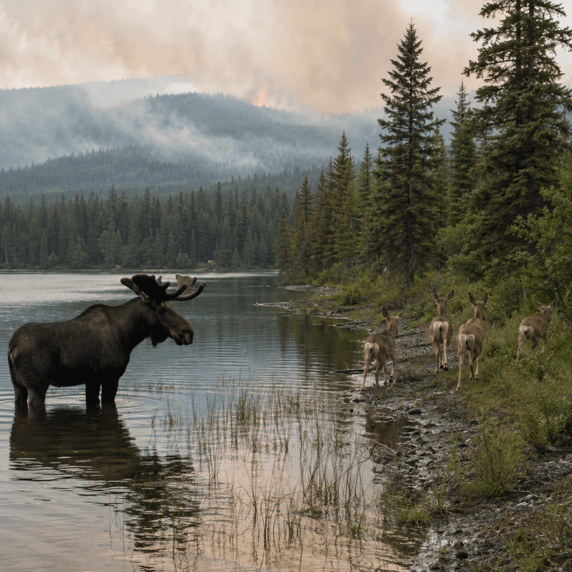 Moose and deer seeking safety near water during a distant wildfire