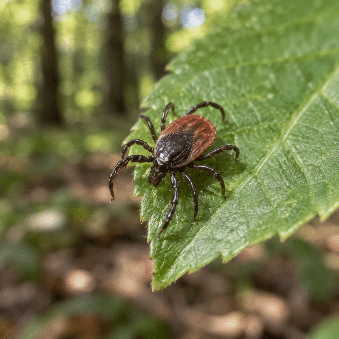 Blacklegged tick on a green leaf