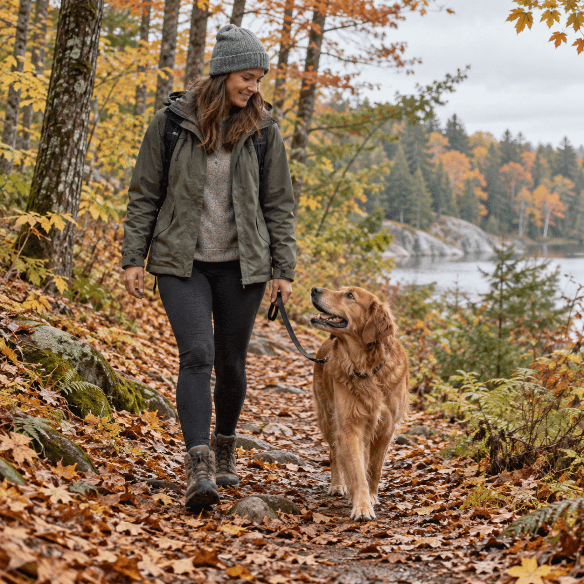 Dog walking through an autumn woodland trail