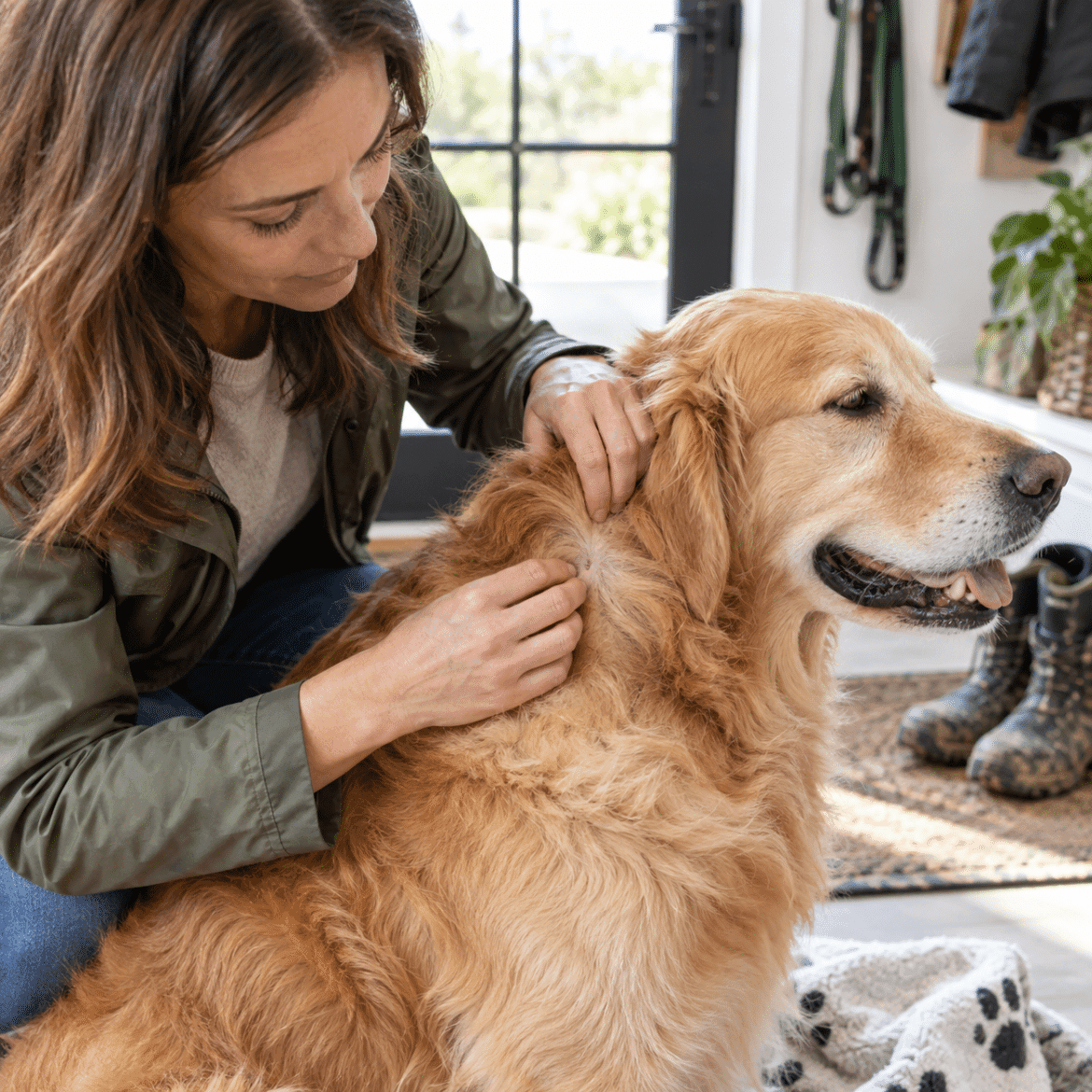 Owner carefully checking a dog's fur for ticks