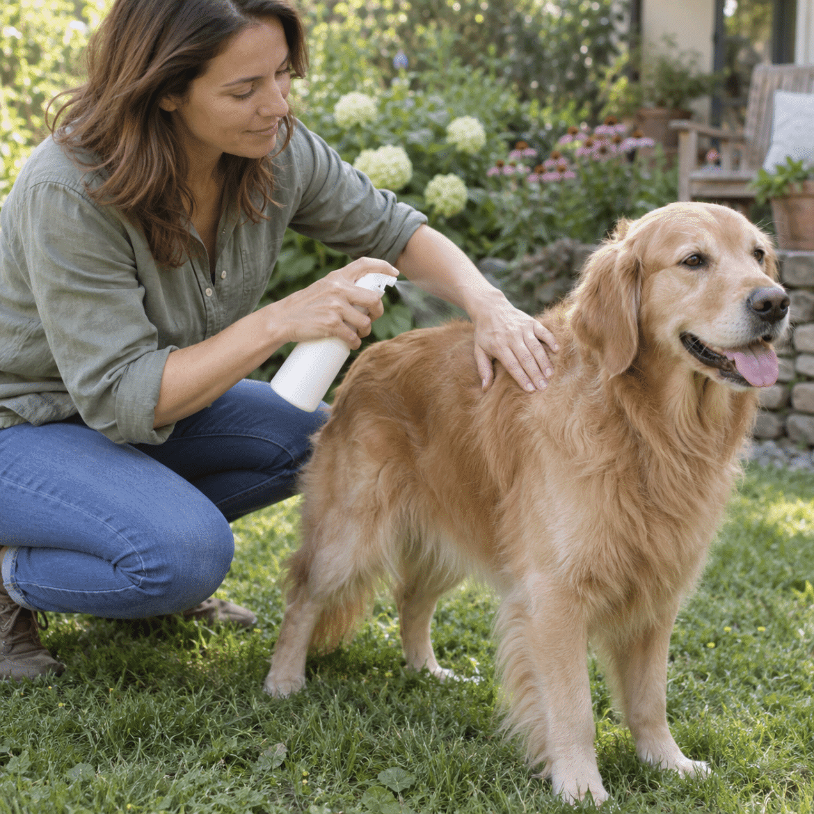 Owner applying botanical tick repellent to a dog outdoors