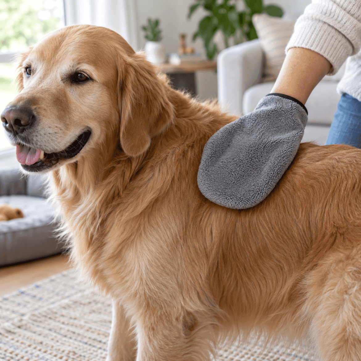 Microfibre mitt being passed over a dog's coat