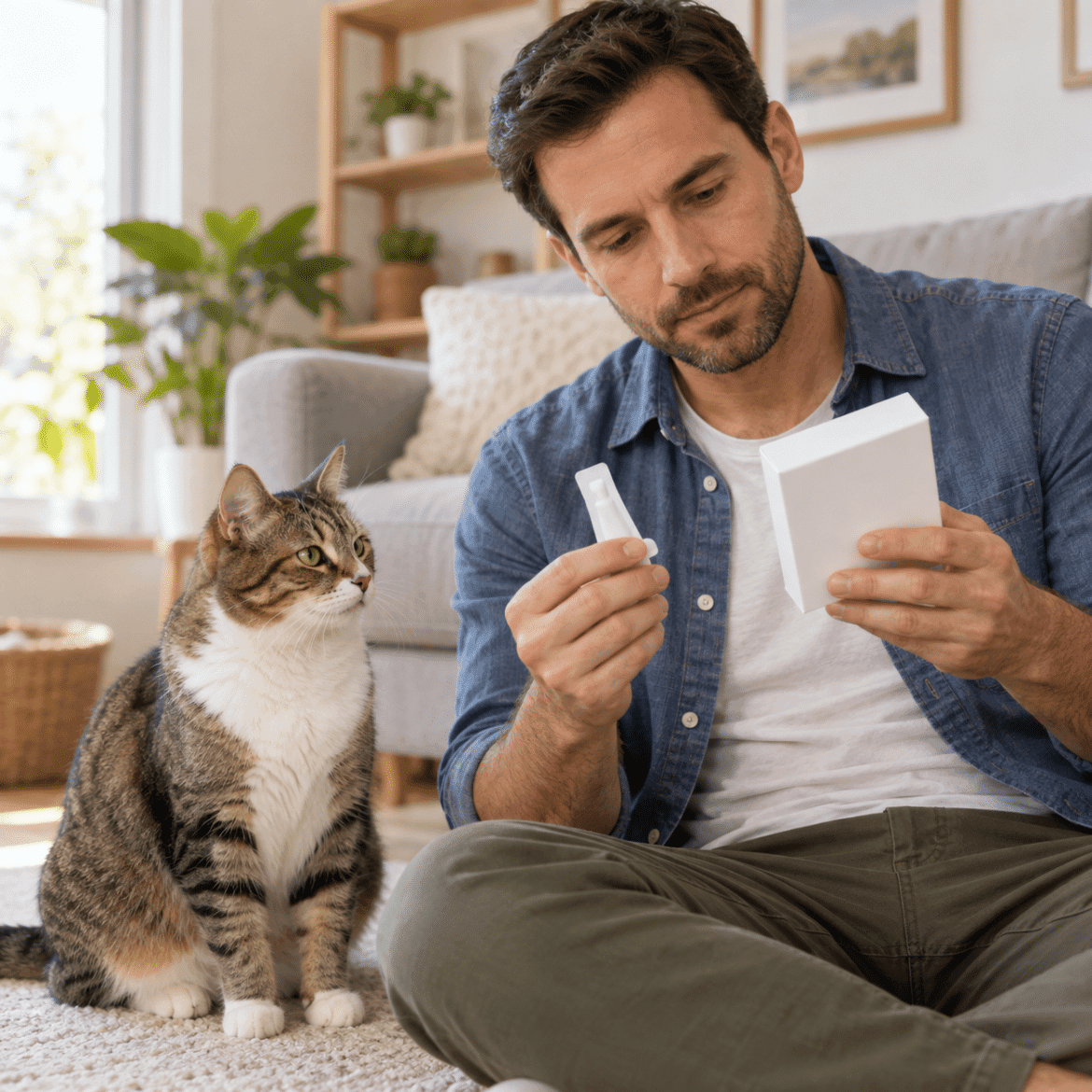 Cat beside owner checking a pet treatment package