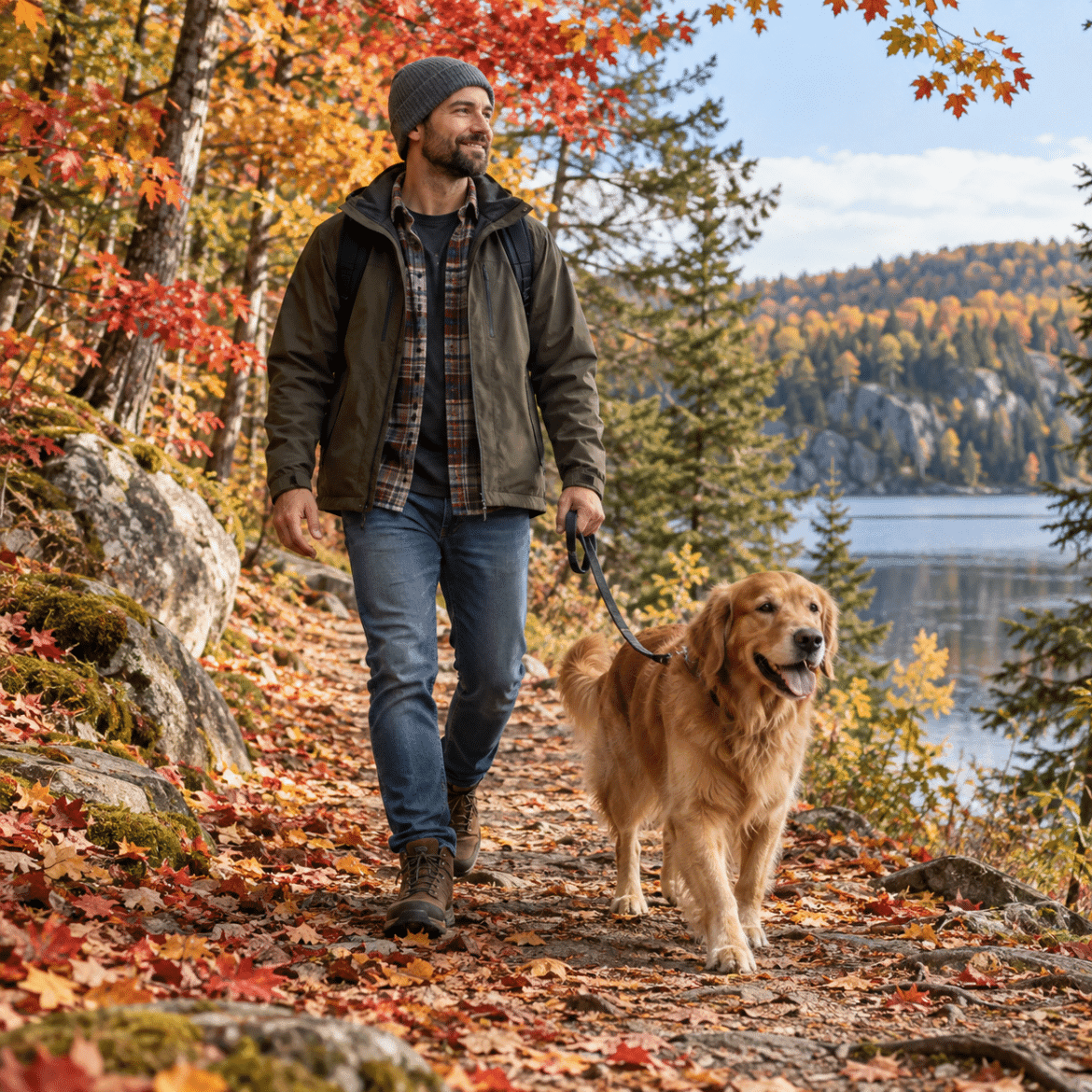 Dog and owner enjoying an autumn woodland walk