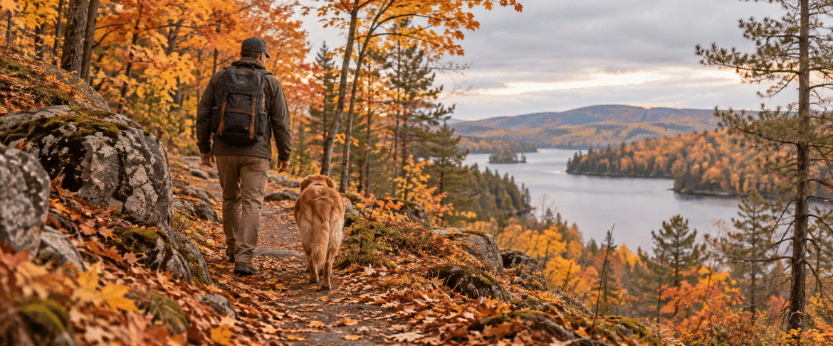 Pet owner and dog walking together on an autumn trail