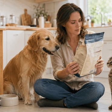 Dog and cat with owner checking the ingredients on pet food