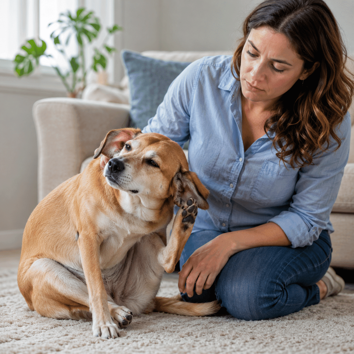 Dog scratching near its ear, which can be a sign of irritation