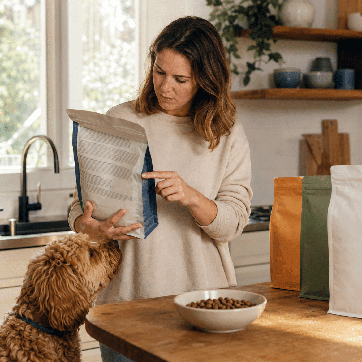 Pet owner carefully reading a dog food ingredient panel
