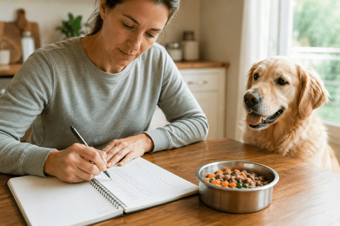 Pet owner keeping a food diary while monitoring a dog’s diet