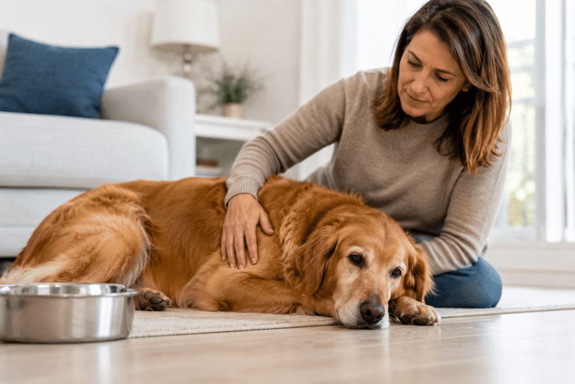 Pet owner monitoring a dog experiencing possible digestive discomfort