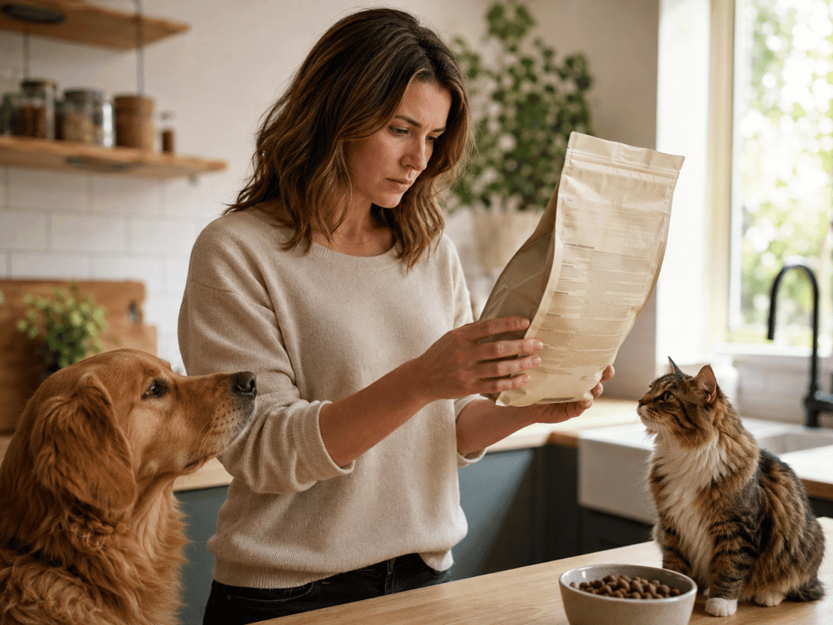 Pet owner examining a pet food ingredient list