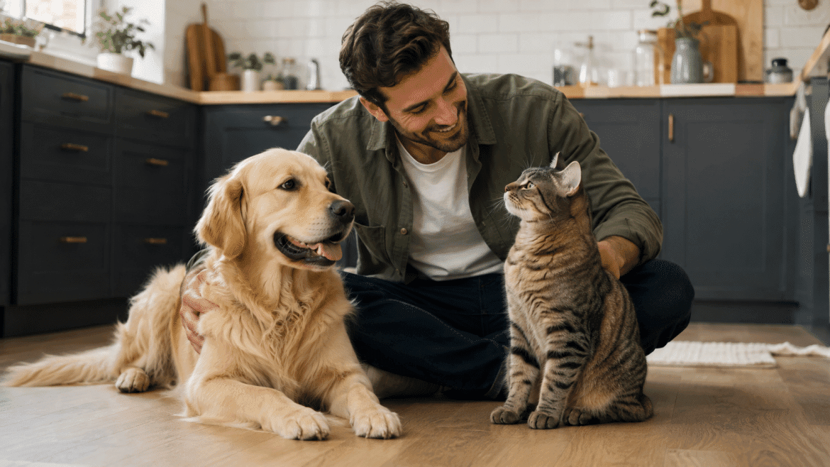 Dog and cat with their owner sitting on kitchen floor.