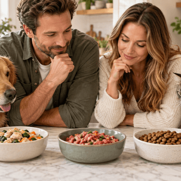 Dog and cat with fresh and raw pet food options in a home kitchen