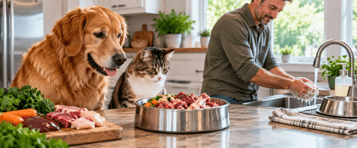 Prepared raw pet food beside a healthy dog and cat