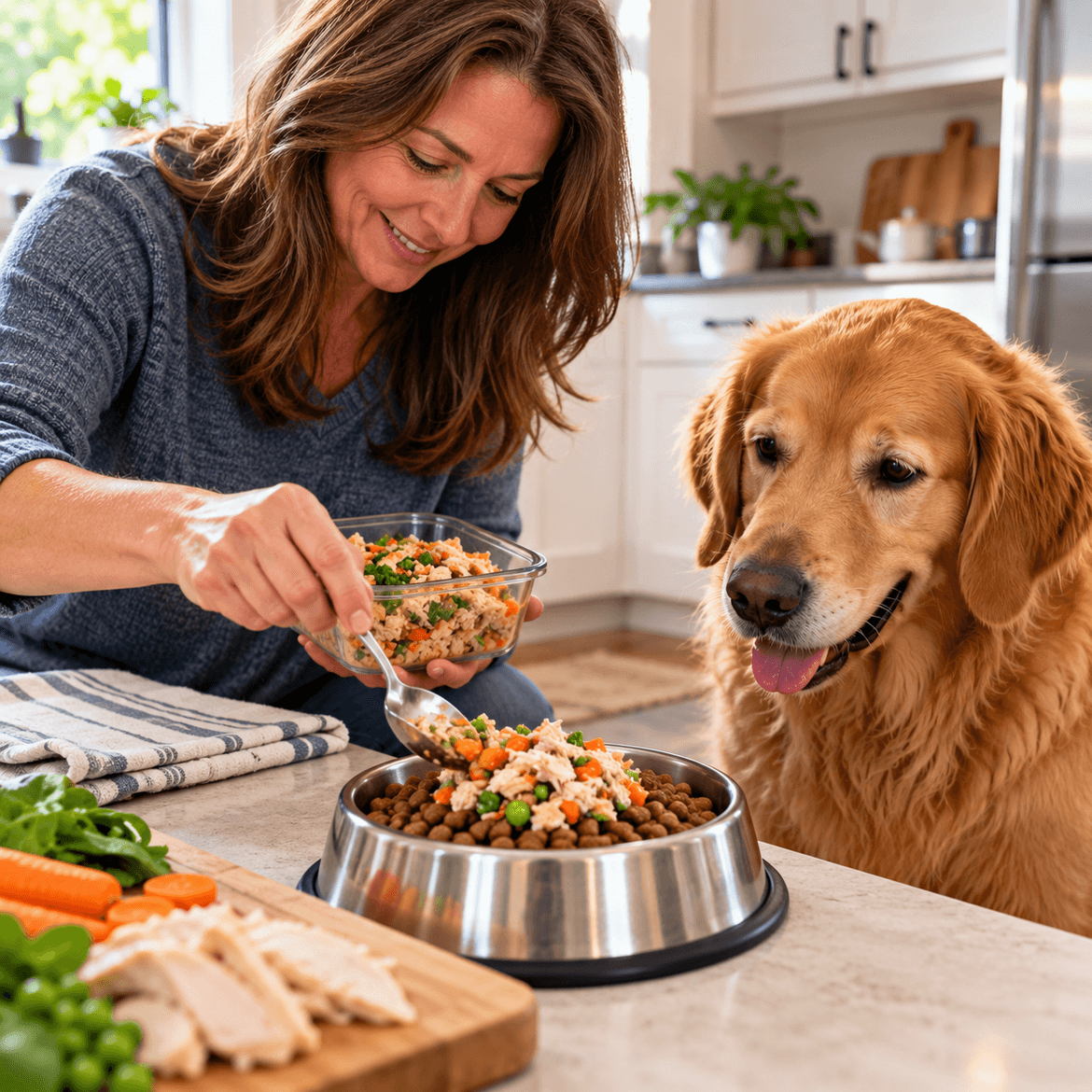 Fresh pet food being added as a topper to a dog meal