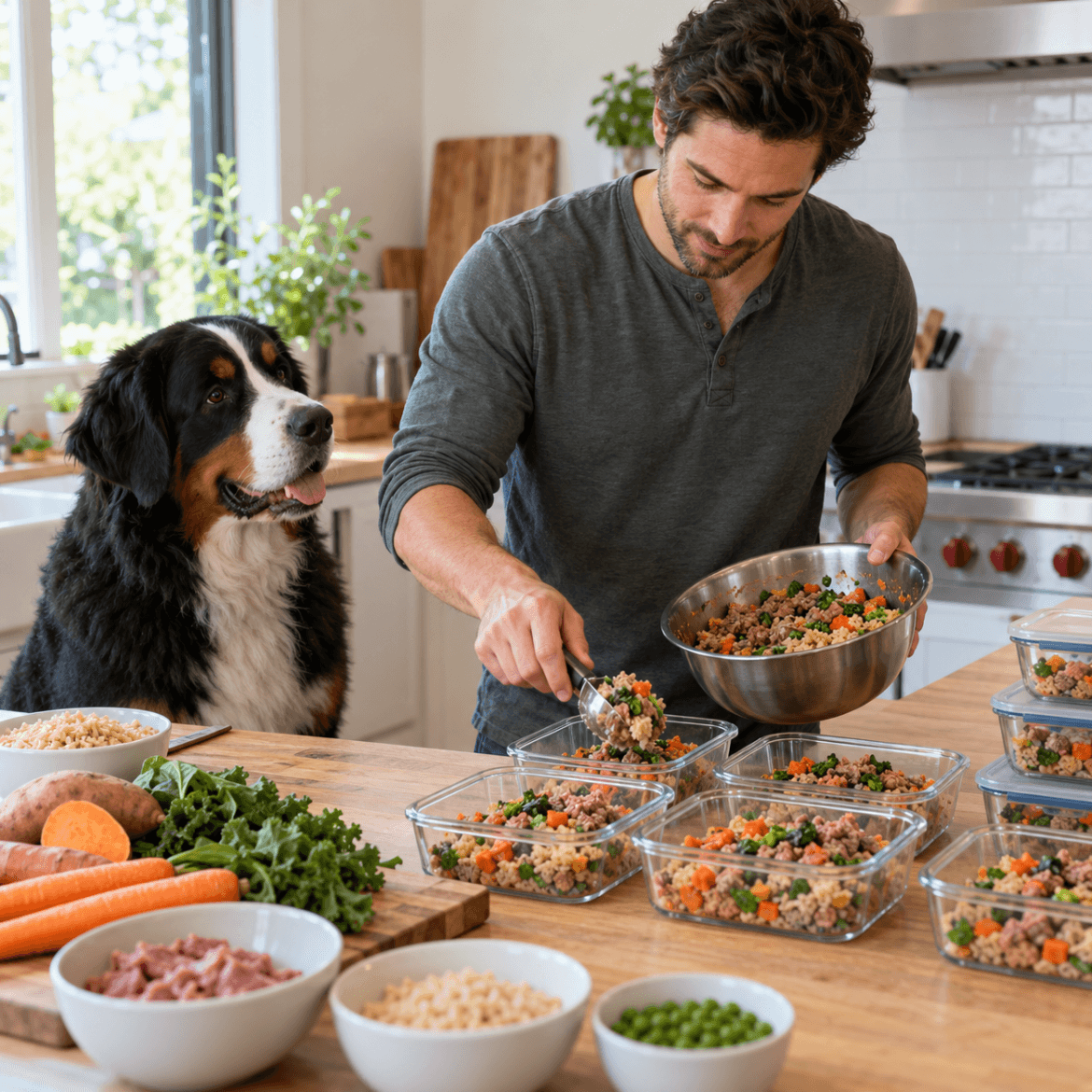 Pet owner considering portions of fresh food for a large dog
