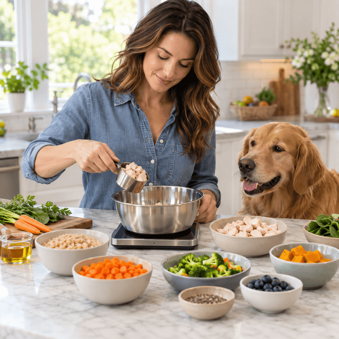Ingredients for a homemade dog meal being carefully portioned