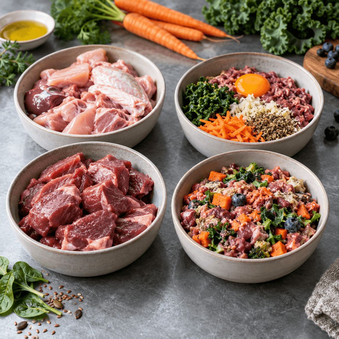 Different raw pet food meal styles in separate bowls