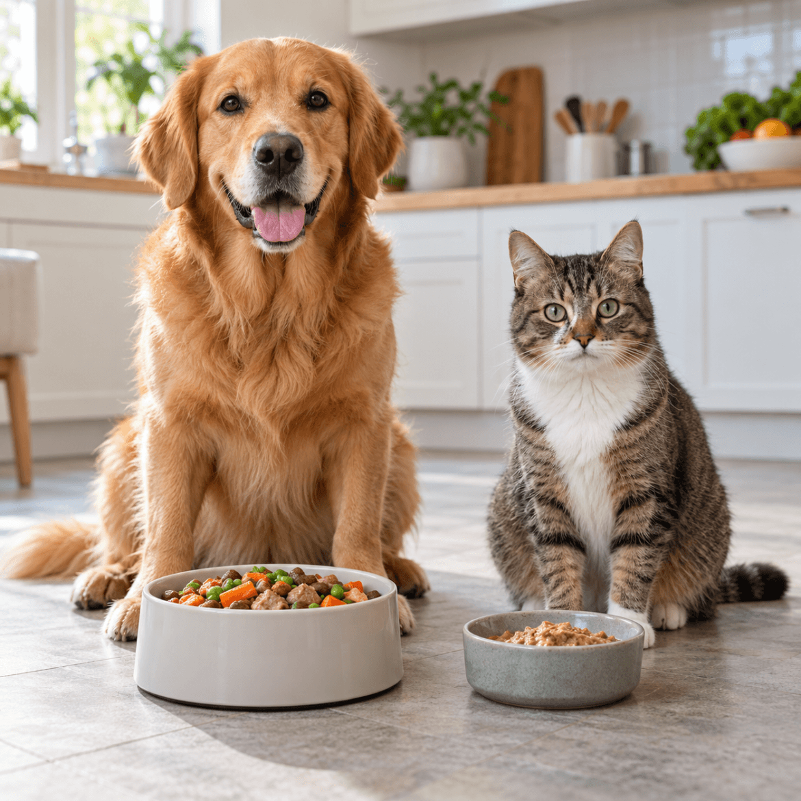 Healthy dog and cat beside separately prepared meals
